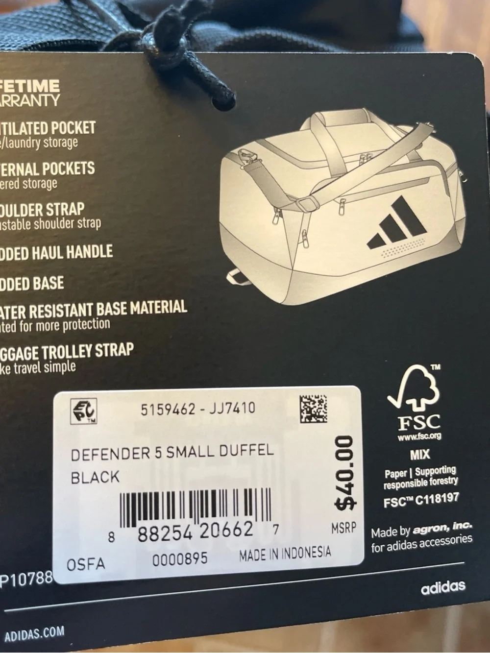 Adidas Defender 5 Black Duffel Bag with White Trefoil Stripes - New with tags